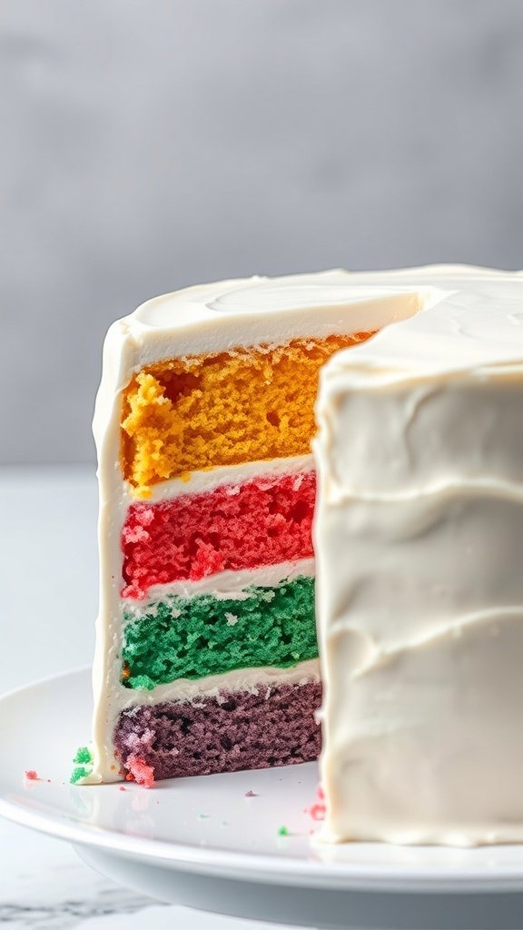 A colorful rainbow layer cake with orange, red, green, and purple layers, topped with white frosting.