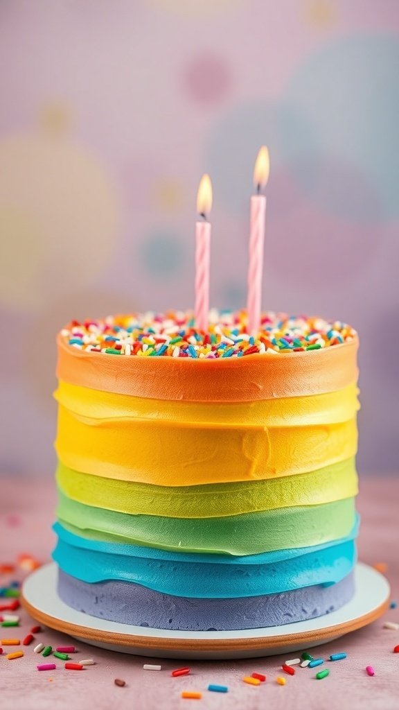 A colorful rainbow ombre birthday cake with sprinkles and candles