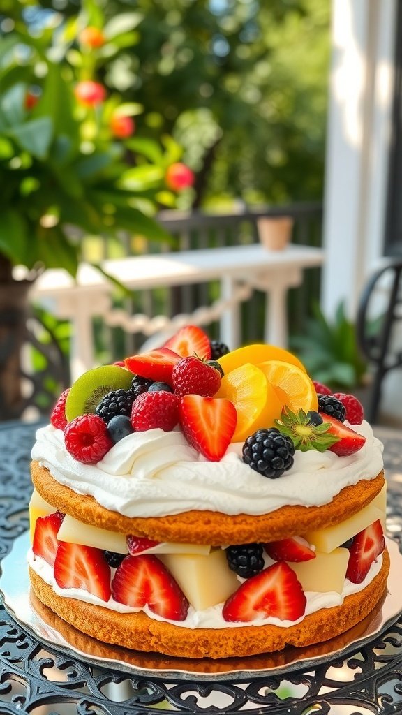 A beautiful seasonal fruit cake topped with strawberries, raspberries, blackberries, kiwi, and peaches, placed on a decorative table.