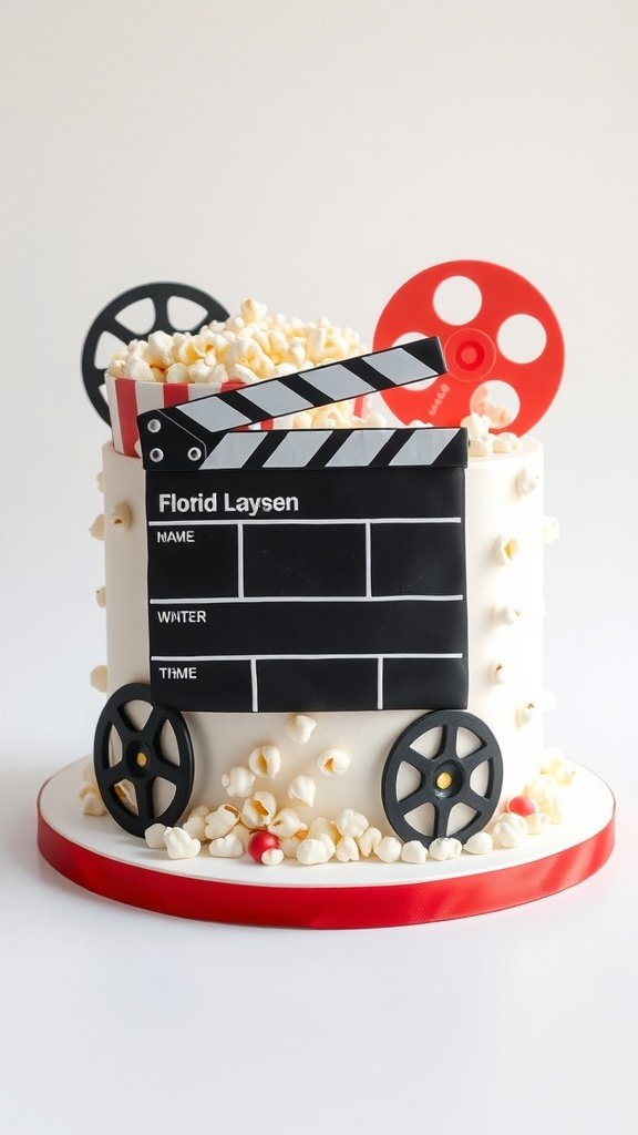 A creatively designed birthday cake resembling a movie theme with a clapperboard and popcorn.