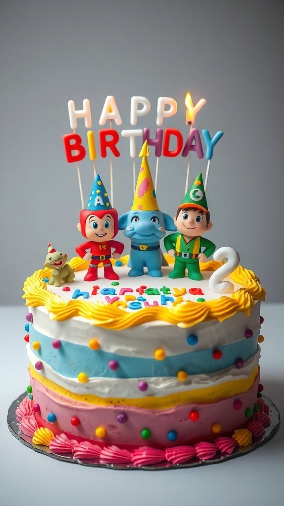 A colorful birthday cake topped with cartoon characters and 'Happy Birthday' letters.