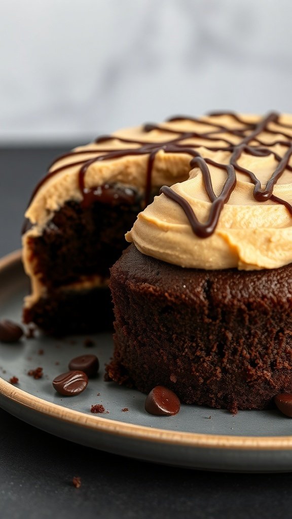A chocolate peanut butter cake with a slice taken out, topped with peanut butter frosting and drizzled chocolate.