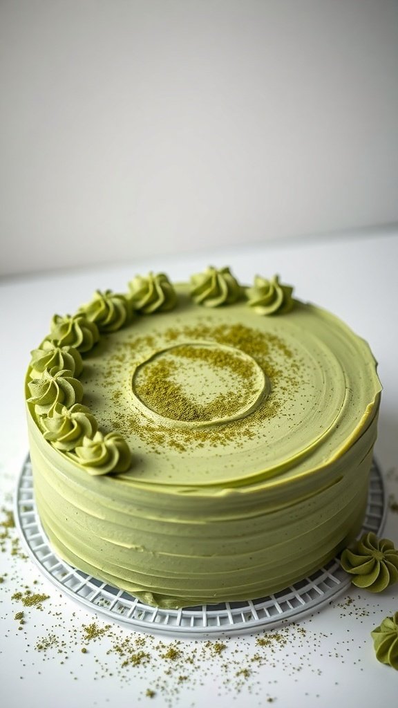 A beautifully decorated matcha green tea cake with swirls of frosting and a sprinkle of matcha powder on top.