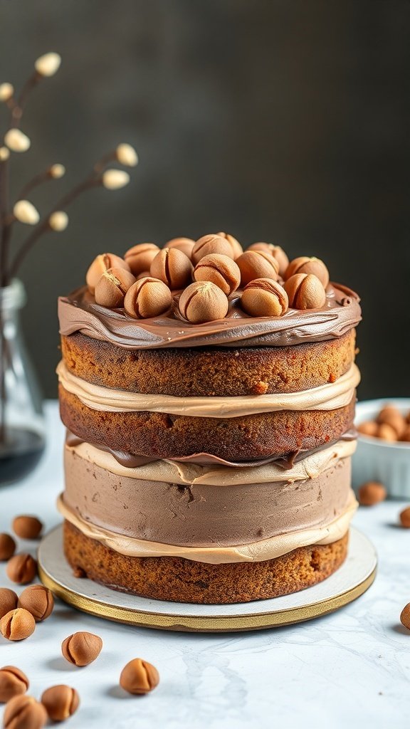 A three-layer Nutella Hazelnut cake topped with hazelnuts.