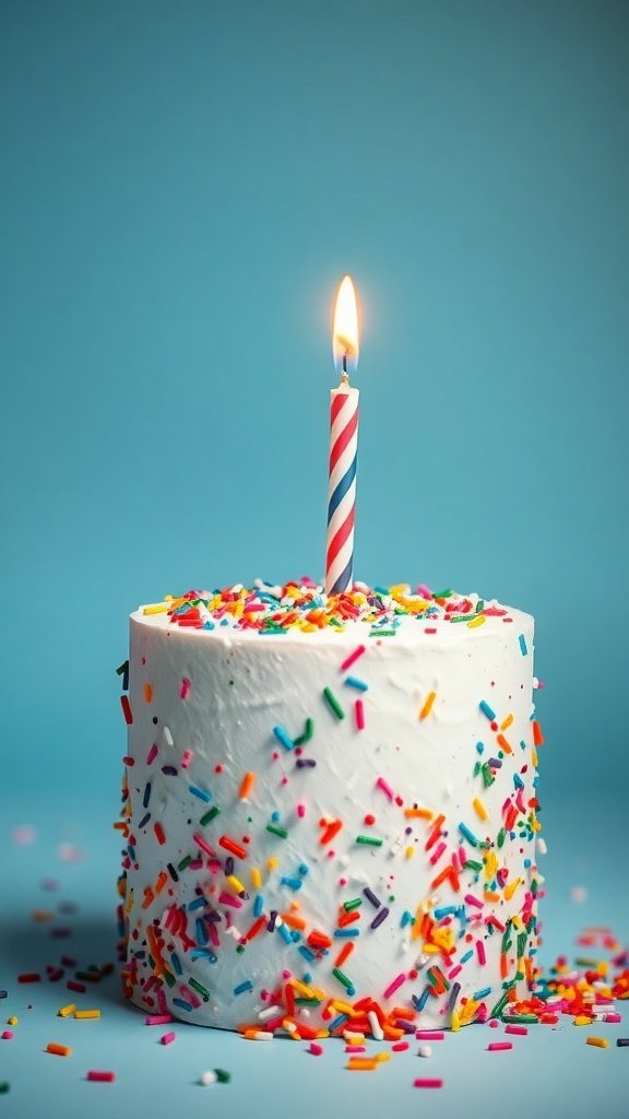 A Funfetti Celebration Cake with colorful sprinkles and a lit candle on top.