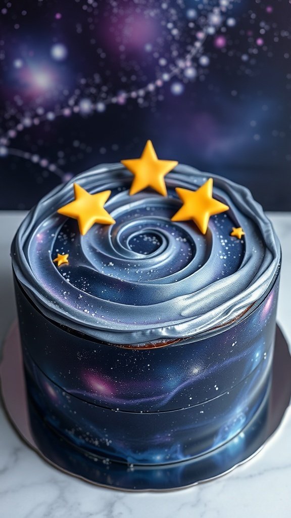 A galaxy-inspired cake with blue and purple swirls and yellow star decorations.