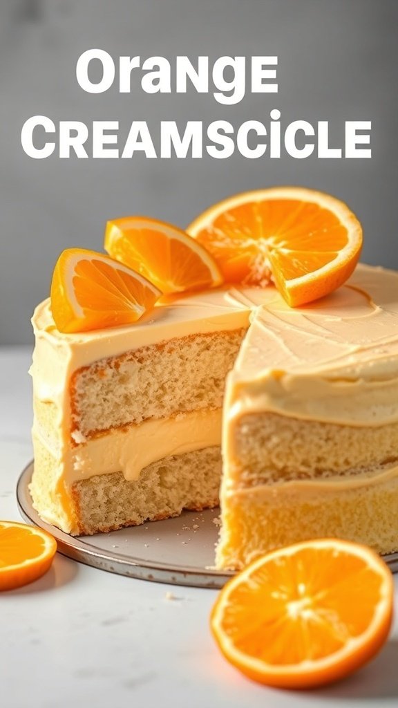 A delicious Orange Creamsicle Cake with orange slices on top