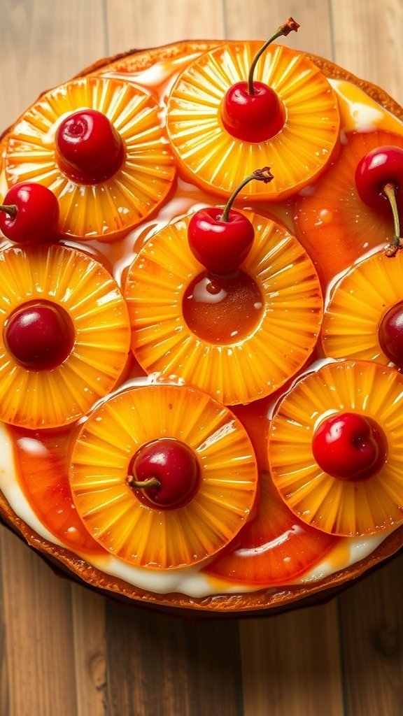 A pineapple upside-down cake topped with pineapple rings and cherries