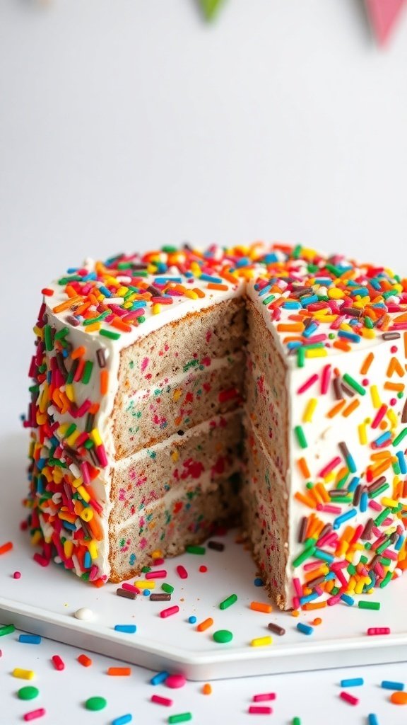 A colorful Funfetti Surprise Cake with sprinkles, cut into slices, showcasing the vibrant interior.