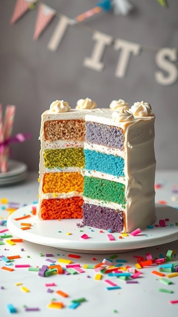 A colorful birthday cake with bright rainbow layers, showcasing vibrant hues of yellow, green, blue, orange, and purple, topped with white frosting and surrounded by colorful confetti.