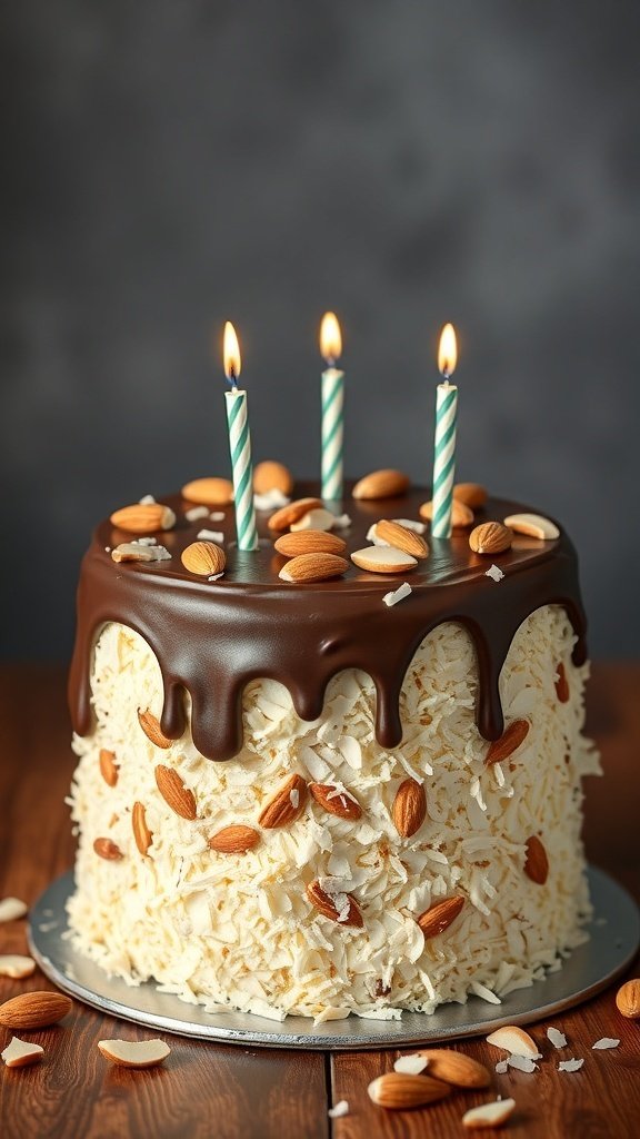 A beautifully decorated Almond Joy Cake with chocolate ganache, almonds, and candles on top.