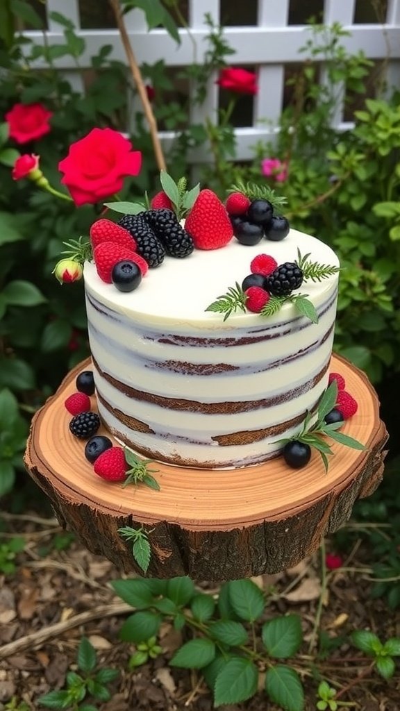 A rustic naked cake topped with fresh berries and greenery, displayed on a wooden slice.