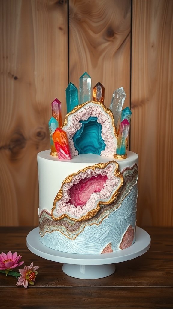 A beautifully designed geode-inspired cake with colorful crystal decorations on top.