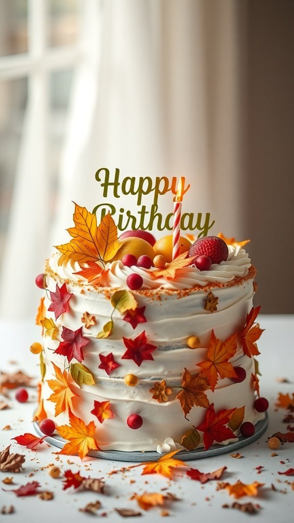 A beautifully decorated birthday cake with autumn leaves and fruits, featuring a 'Happy Birthday' sign.