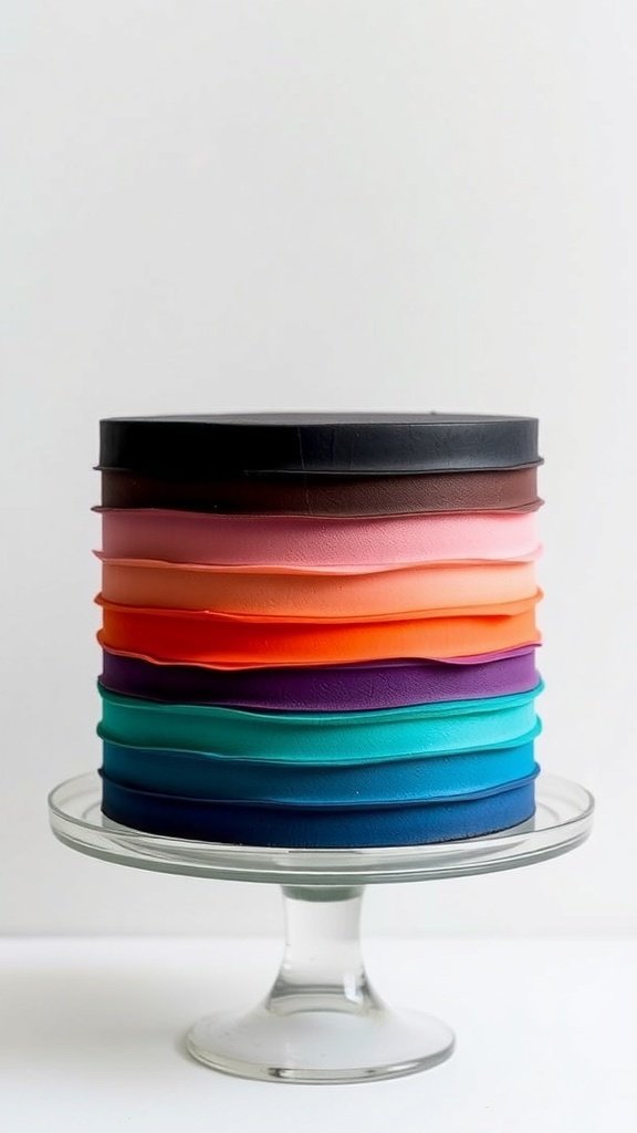 A multi-layered cake with bold ombre colors from black to pink, orange, purple, and blue.