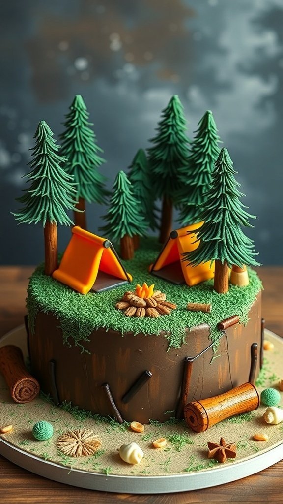 A camping-themed birthday cake featuring tents, trees, and a campfire.