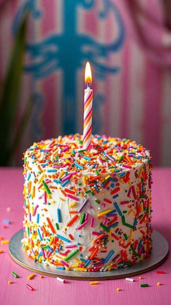 A colorful funfetti cake with sprinkles and a single candle on top.