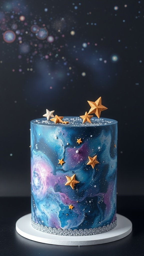 A galaxy-themed cake with swirls of blue and purple, decorated with golden stars