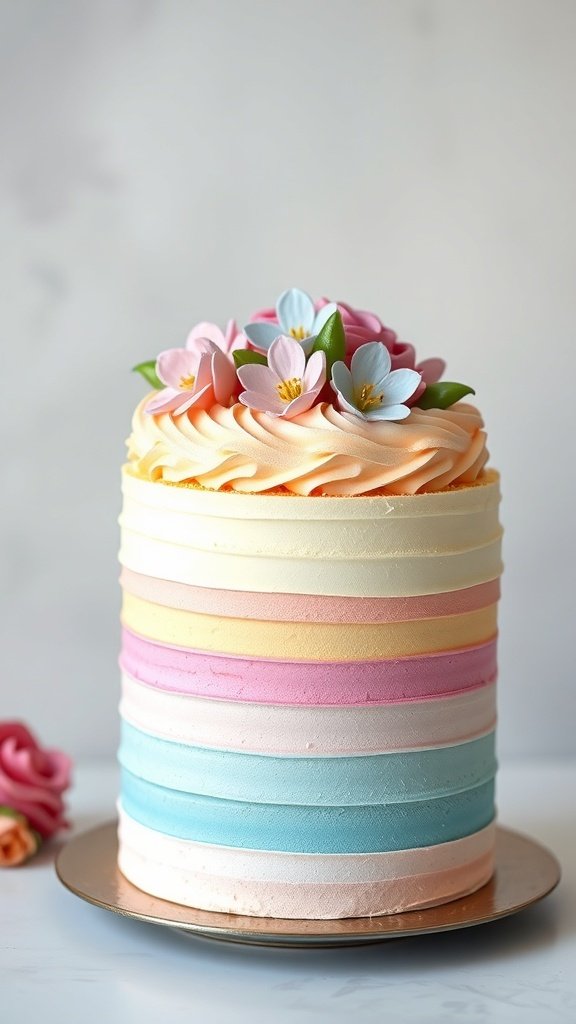 A pastel layered birthday cake topped with flowers.