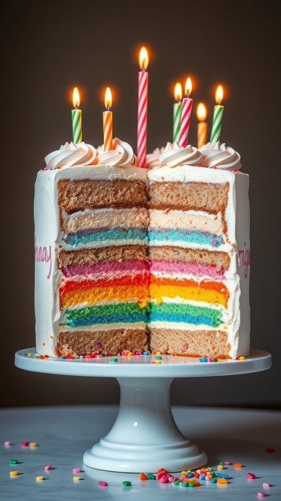 A beautifully layered pastel rainbow birthday cake with candles on top.