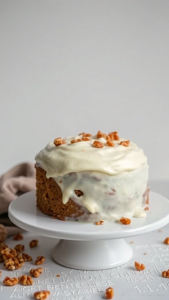 A beautifully decorated carrot cake with cream cheese frosting and walnut toppings on a white cake stand.