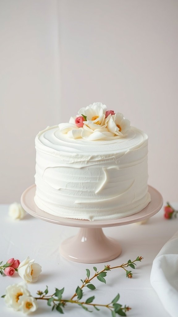 A classic vanilla buttercream cake decorated with flowers on a pink cake stand.