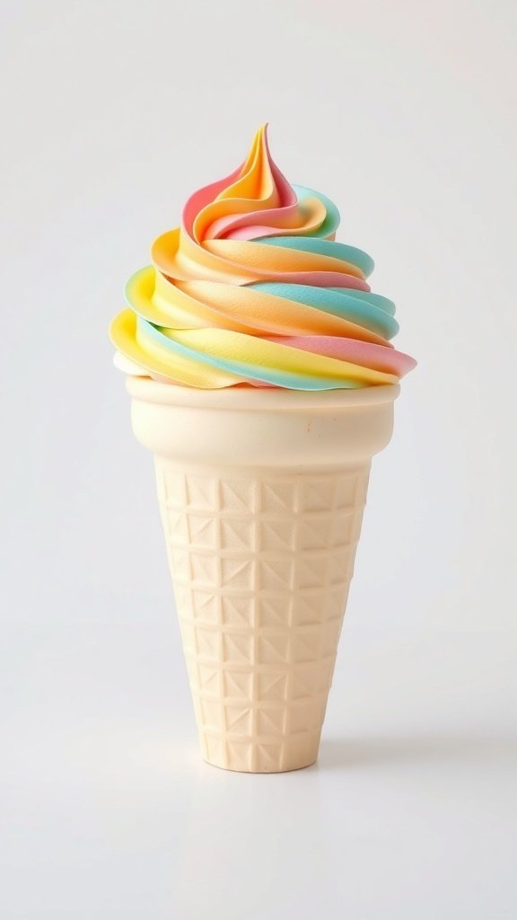 A colorful ice cream cone cake with swirled frosting resembling soft serve ice cream.