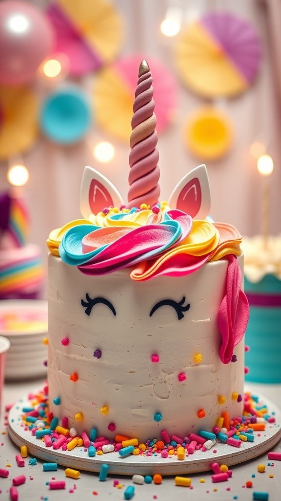 A colorful unicorn cake with a pink and gold horn, smiling face, and rainbow frosting, surrounded by sprinkles.