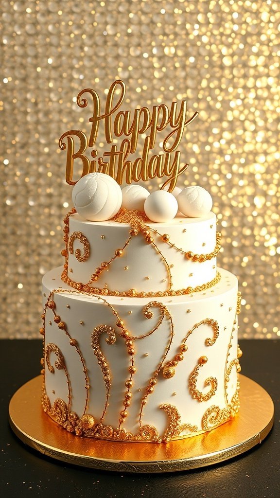 A two-tier birthday cake with gold accents and a 'Happy Birthday' topper
