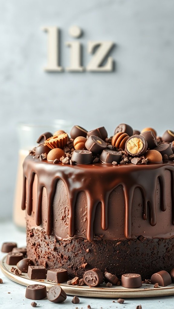 Artisanal chocolate drip cake topped with various chocolates and a smooth chocolate frosting.