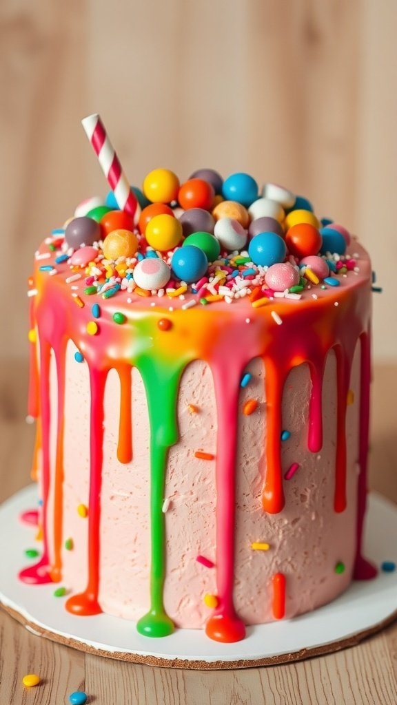A colorful whimsical drip cake topped with candies and sprinkles.