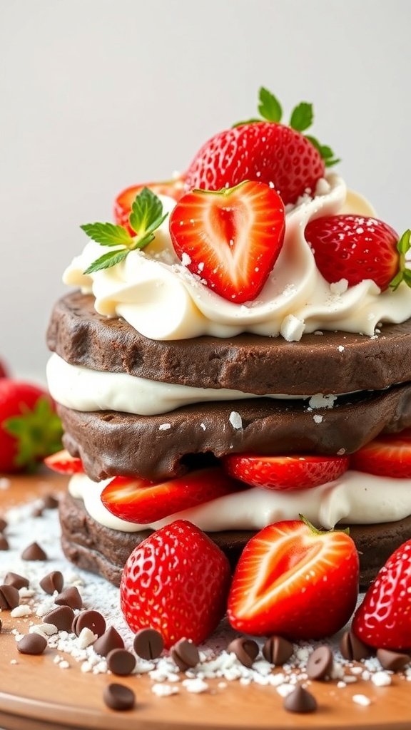 A delicious chocolate strawberry shortcake with layers of chocolate cake, whipped cream, and fresh strawberries on top.