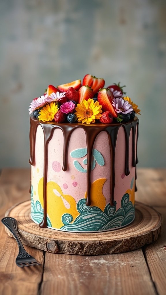 A beautifully decorated drip cake with chocolate ganache and fresh fruit toppings.