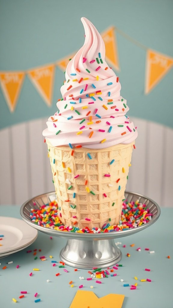 A large ice cream cone cake topped with pink frosting and colorful sprinkles, displayed on a silver cake stand.