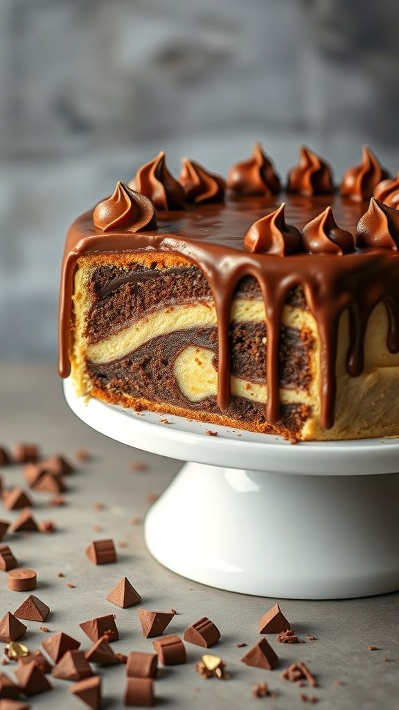 A delicious Nutella Swirl Cake with chocolate ganache and decorative swirls on top, showcasing layers of chocolate and vanilla cake.