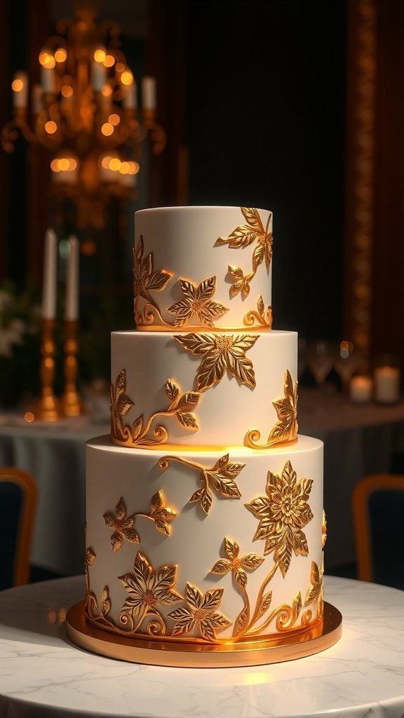 A three-tiered cake with white frosting and gold leaf accents, featuring floral designs, set against a softly lit background.