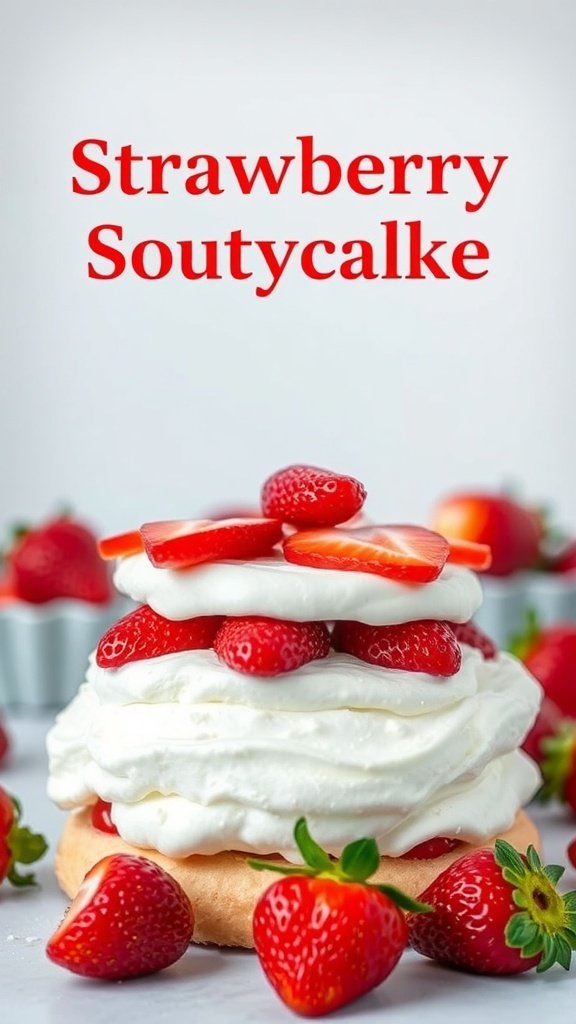 A delicious strawberry shortcake topped with fresh strawberries and whipped cream.