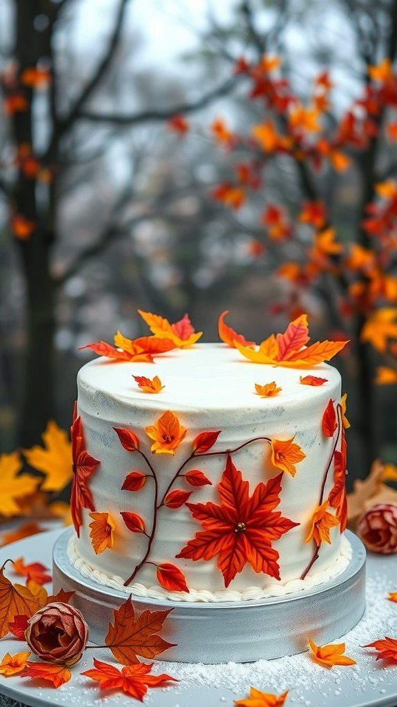 A beautifully decorated cake with autumn leaves in vibrant colors, set against a blurred background of trees.