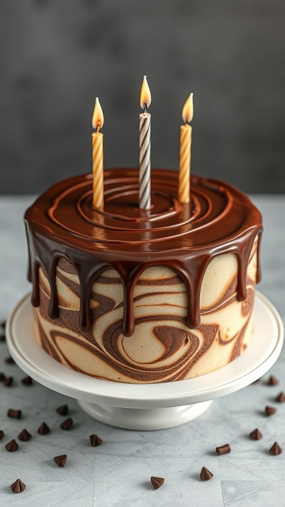 A beautifully decorated Nutella swirl cake with three lit candles on top.