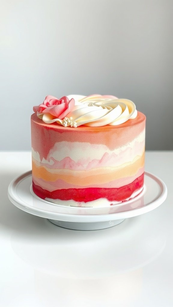 A beautifully decorated birthday cake with a watercolor effect in soft pink, peach, and cream colors.