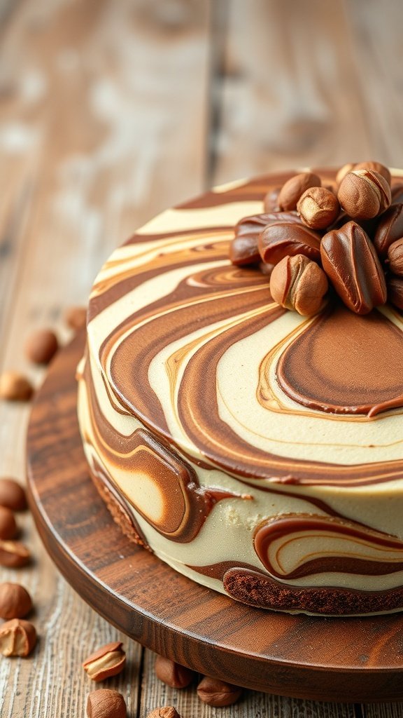 A beautifully swirled Nutella cake topped with chocolate candies.
