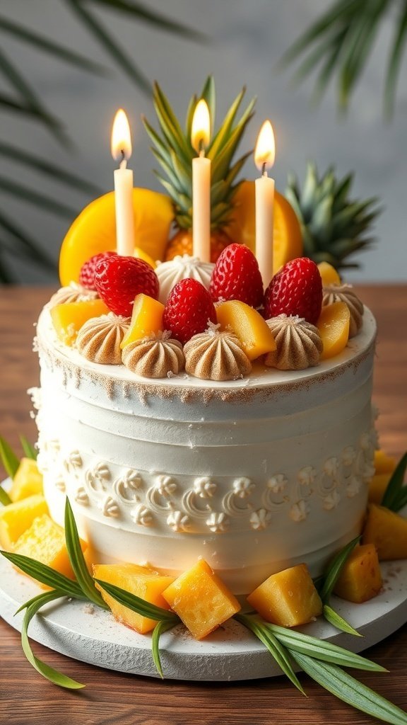 A beautifully decorated Tropical Pineapple Coconut Cake with fresh fruits and candles