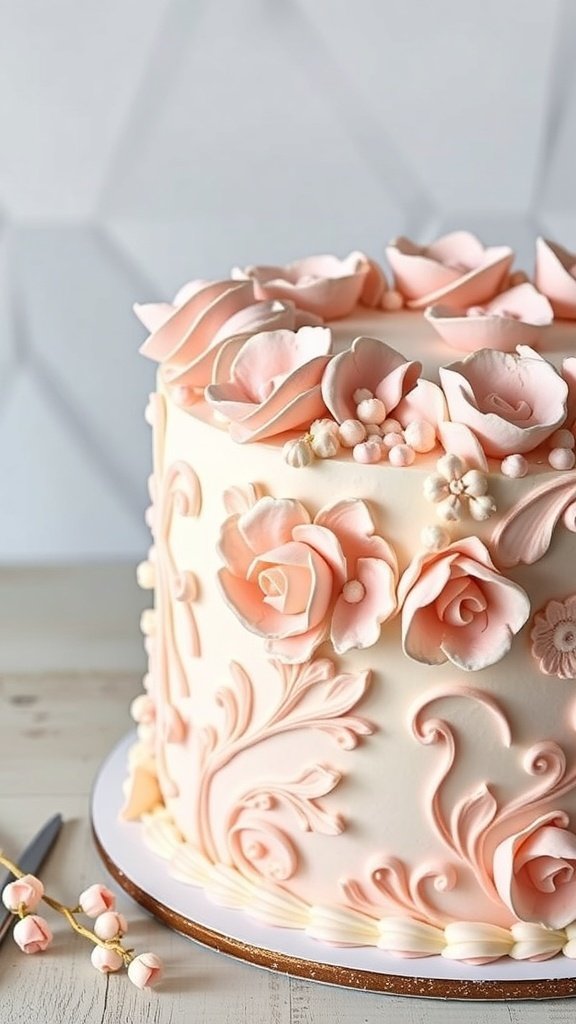 A beautifully decorated cake with pink buttercream flowers and intricate designs.
