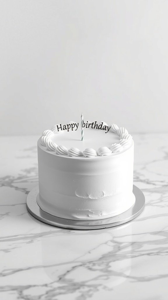 A minimalist white birthday cake with a candle and 'Happy birthday' written on it.