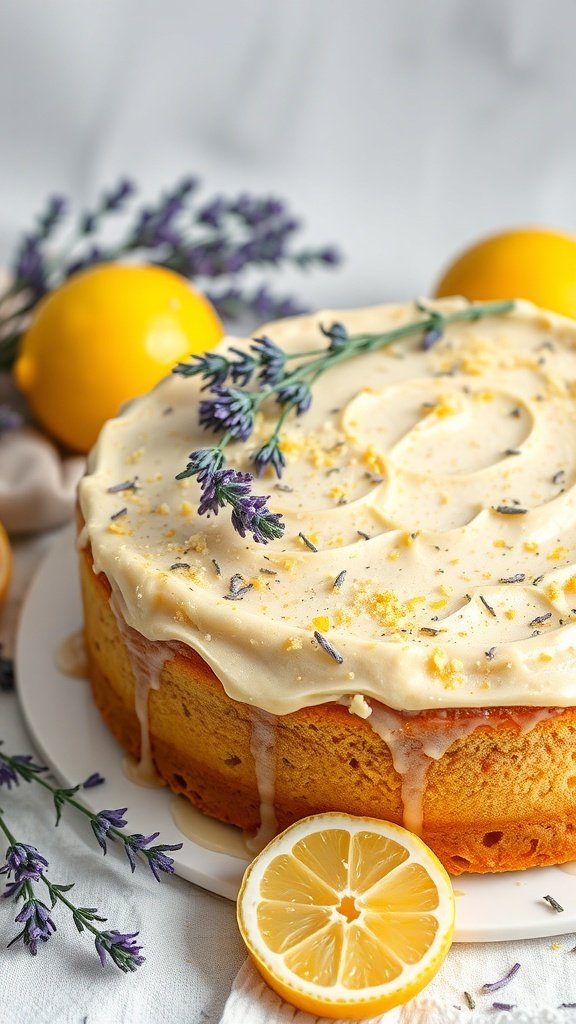 A lavender lemon cake topped with lavender sprigs and lemon slices, surrounded by fresh lemons.