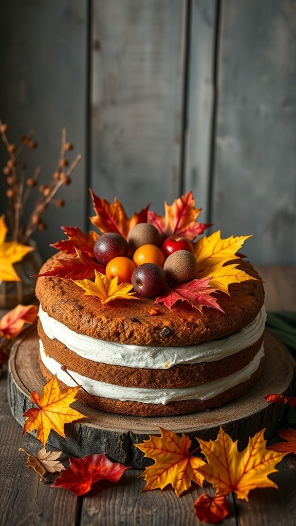 A beautifully decorated Seasonal Harvest Cake with autumn leaves and colorful fruits on top.