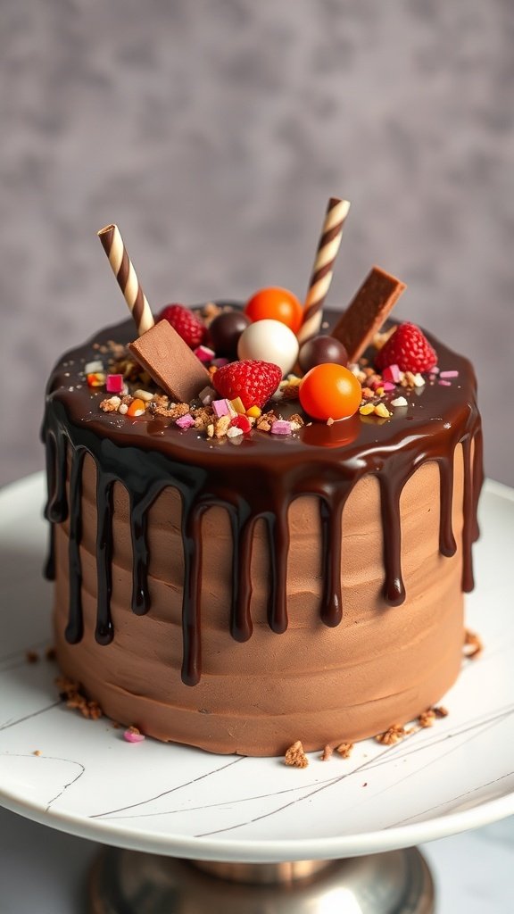A beautifully decorated chocolate drip cake with various toppings including raspberries and chocolate bars.