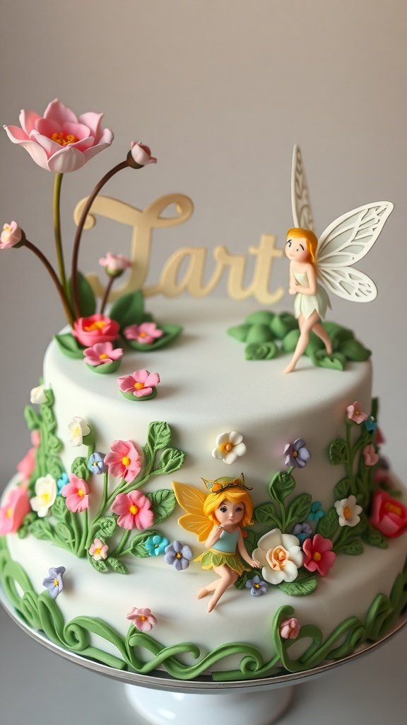 A beautifully decorated fondant cake featuring fairy figurines and colorful flowers.