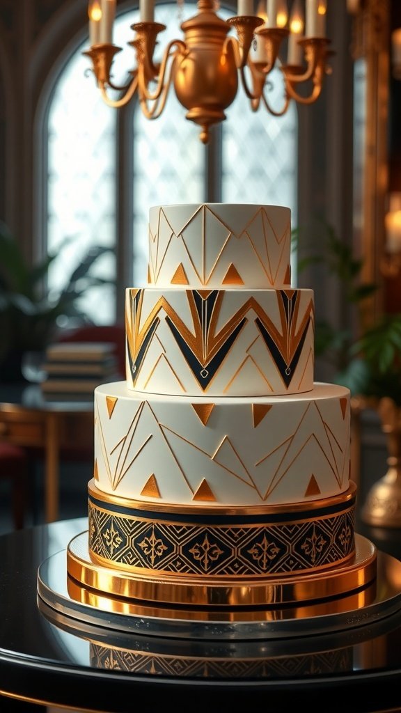 A three-tiered cake with Art Deco design featuring white fondant, gold accents, and black detailing.