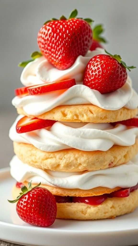 A delicious strawberry shortcake with layers of cake, whipped cream, and fresh strawberries.